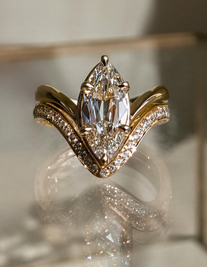 2 CT Antique Moval Lab Grown Engagement Ring with V Pave Stacking Band